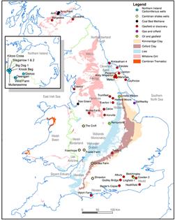 Outcrop of main black shale formations in UK and selected oil and gas wells and gasfields. © BGS, NERC (2012)